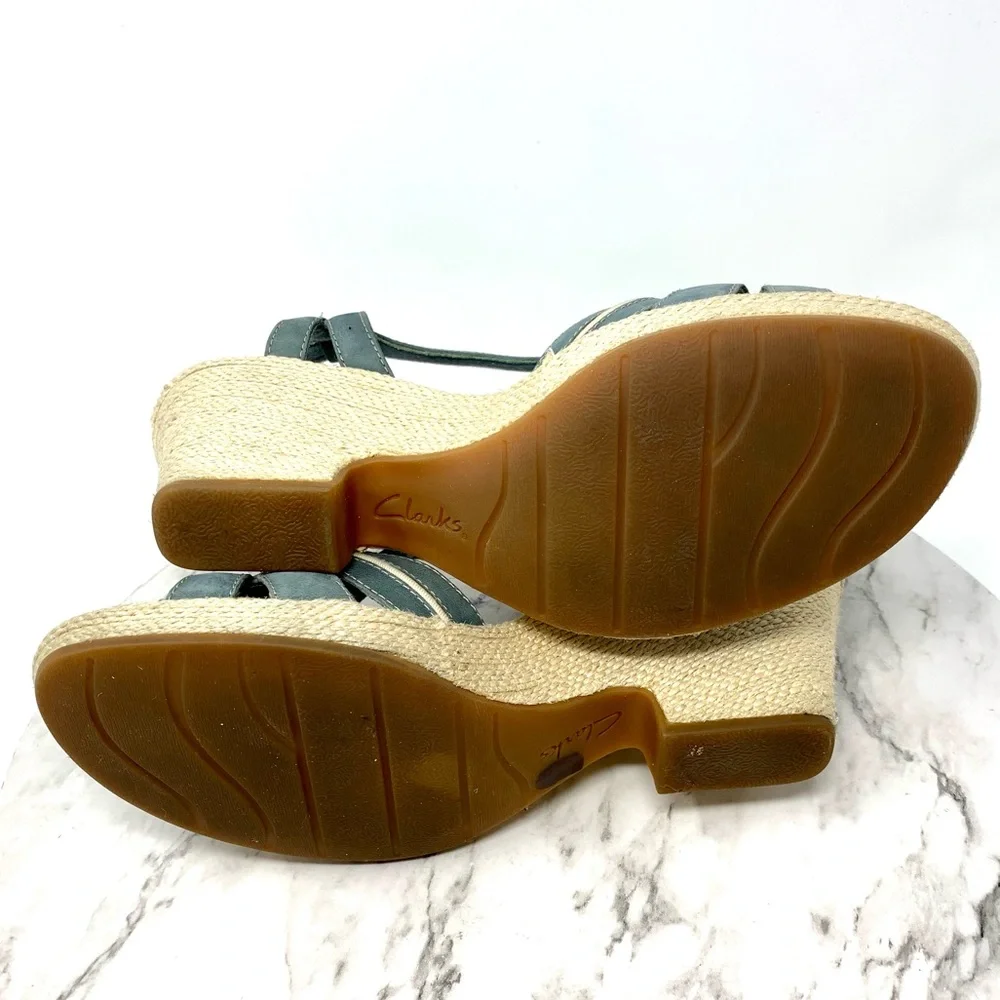 Clarks Blue Leather T-Strap Platform Comfort Platforms 10 Nautical Resortwear